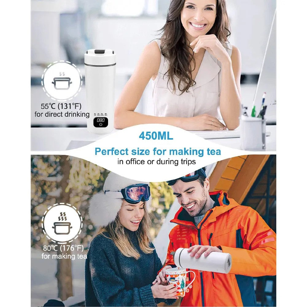 480 mL Portable Electric Kettle Travel Water Boiler Ac-Dc Powered Smart Water Bottle Multiple Temperature Controls LED Touchscreen Stainless Steel Pot Auto Shut Off