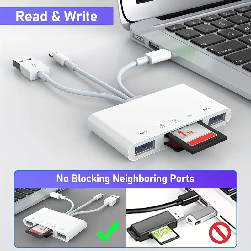 5-in-1 SD/TF Card Reader Adapter | Lightning to USB Memory Card Reader | Micro SD Card OTG Adapter | Camera Card Reader | For iPhone, iPad, Android