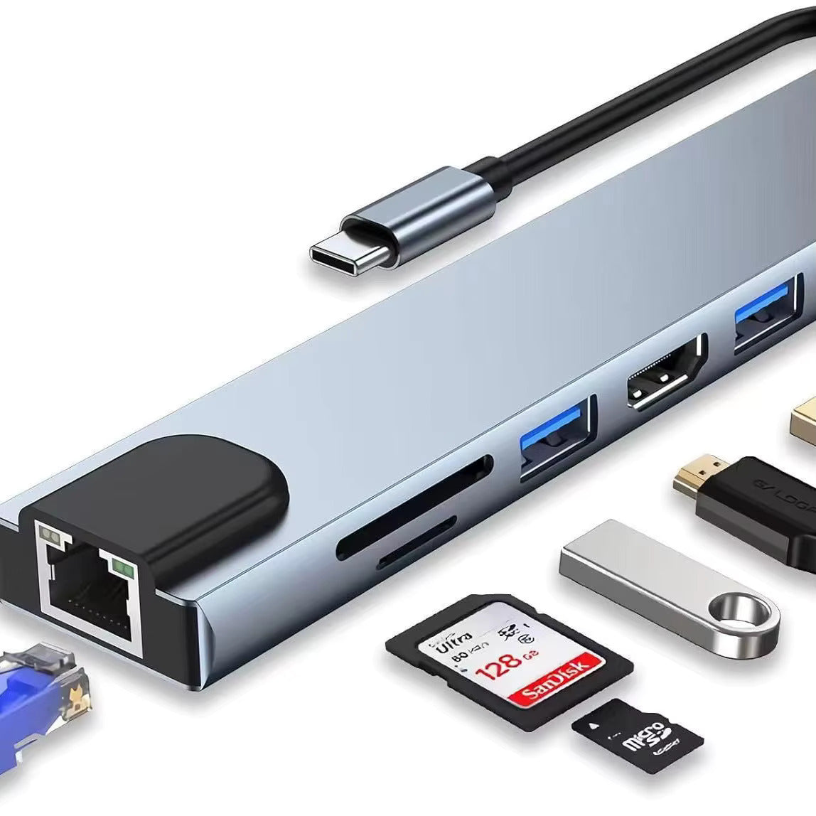 8-in-1 Type C Laptop Docking Station USB 3.00 RJ45 Network Adapter UHD 4K HDMI Micro SD TF OTG Adapter PD Charger