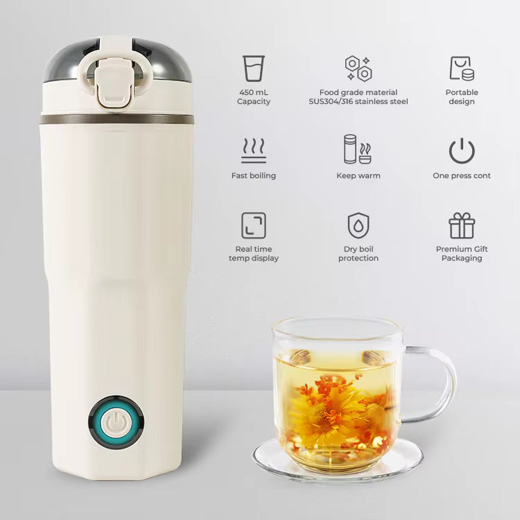 Ac-Dc Portable Electric Water Bottle | 450 mL Electric Water Kettle | Biomaterial 304 Steel Grade | One Button With Boil-Dry Protection Water Heater | For Car/Travel/Indoor/Outdoor