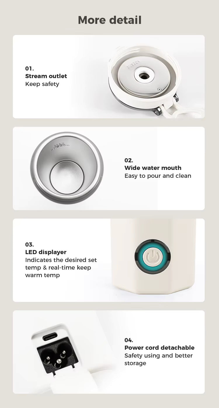 Ac-Dc Portable Electric Water Bottle | 450 mL Electric Water Kettle | Biomaterial 304 Steel Grade | One Button With Boil-Dry Protection Water Heater | For Car/Travel/Indoor/Outdoor