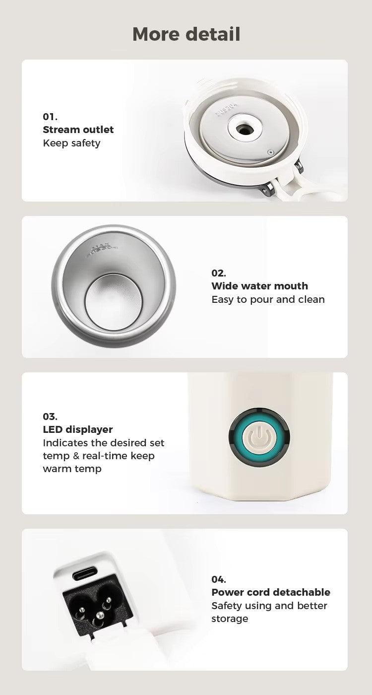 480 mL Portable Electric Kettle Travel Water Boiler Ac Powered Smart Water Bottle Stainless Steel Pot Auto Shut Off