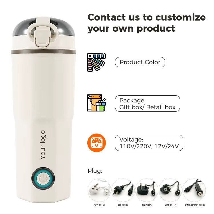 Ac-Dc Portable Electric Water Bottle | 450 mL Electric Water Kettle | Biomaterial 304 Steel Grade | One Button With Boil-Dry Protection Water Heater | For Car/Travel/Indoor/Outdoor