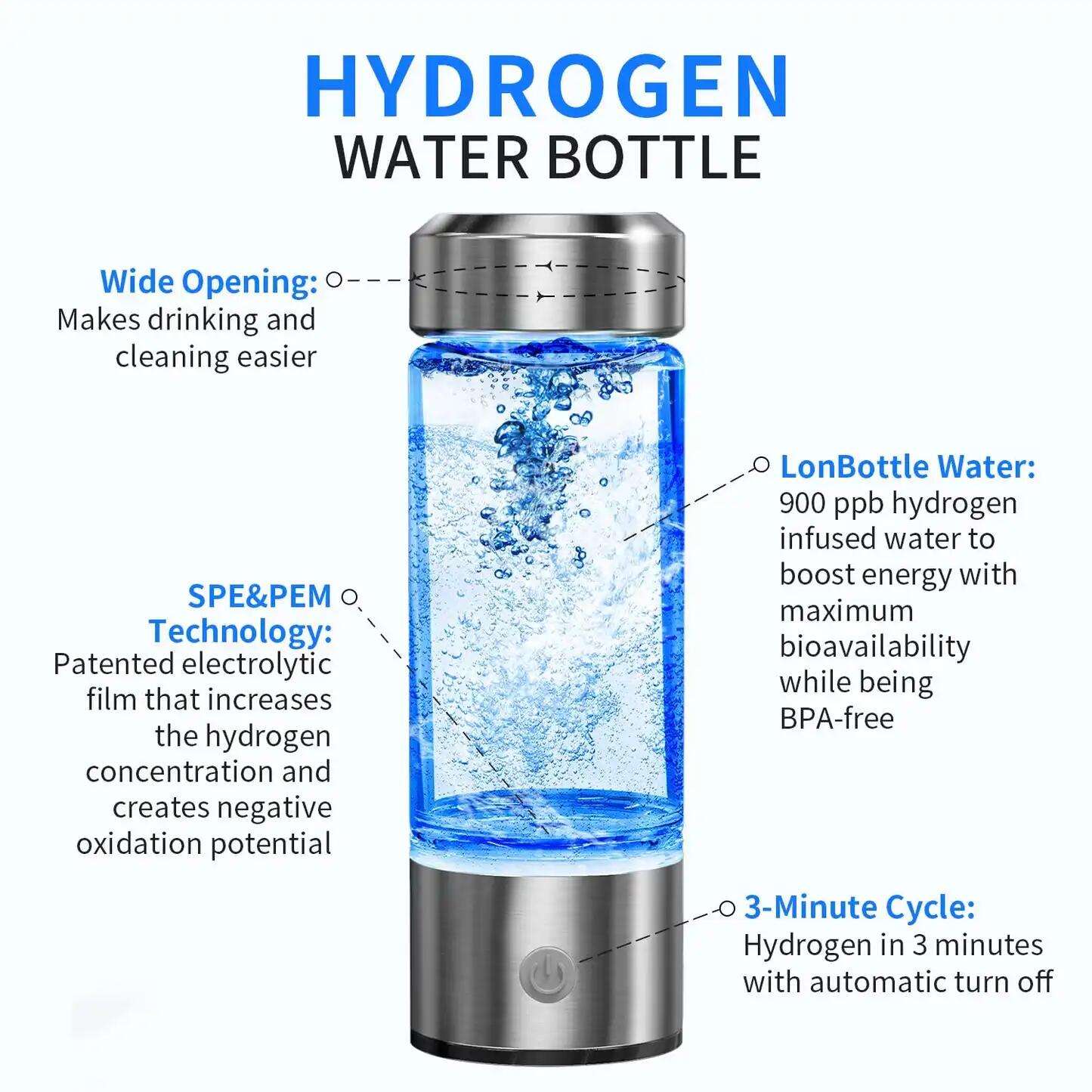 1600 ppb Hydrogen-ions Rich Water Bottle | 430 mL Portable Hydrogen Water Cup | Rechargeable Water Ionizer Machine | SPE Technology | Home/Office/Sports/Travel