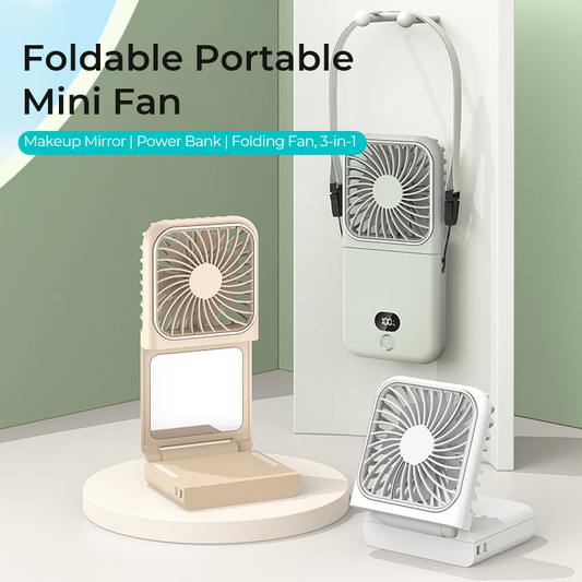 Foldable Portable Fan Cooler USB Rechargeable Cosmetic Makeup Mirror 2500 mAh Power Bank