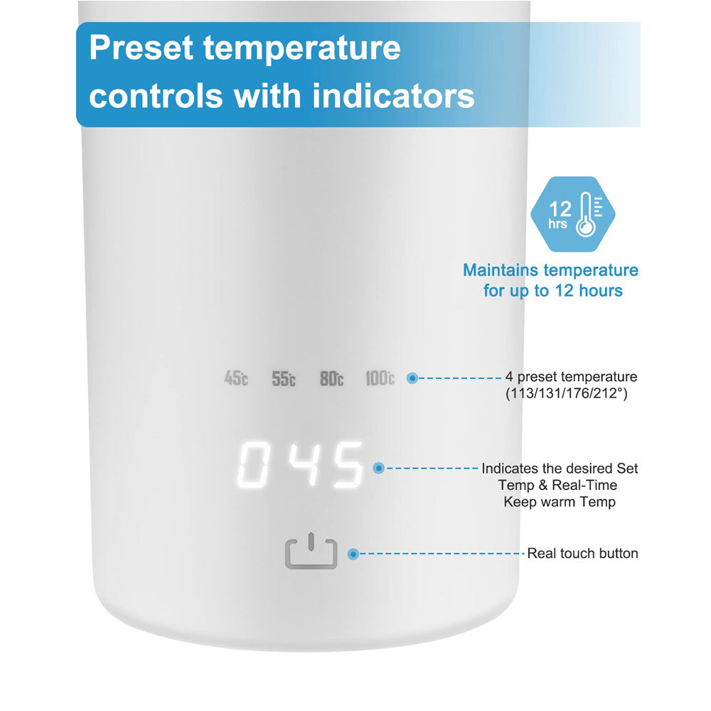 480 mL Portable Electric Kettle Travel Water Boiler Ac Powered Smart Water Bottle Multiple Temperature controls Touchscreen Stainless Steel Pot Auto Shut Off