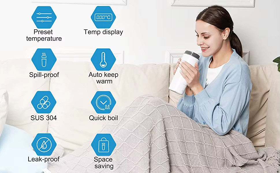 450 mL Portable Electric Water Bottle | Digital Multiple Temperature Control | Biomaterial 304 Steel Grade | Travel Electric Water Kettle | AC-DC Power Supply | For Car/Travel/Indoor/Outdoor