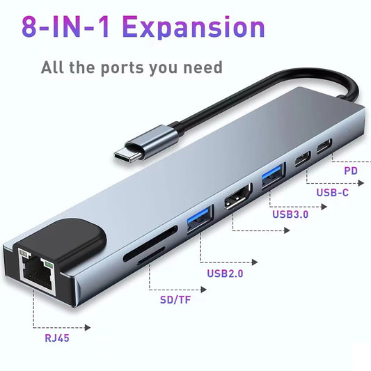 8-in-1 Type C Laptop Docking Station USB 3.00 RJ45 Network Adapter UHD 4K HDMI Micro SD TF OTG Adapter PD Charger