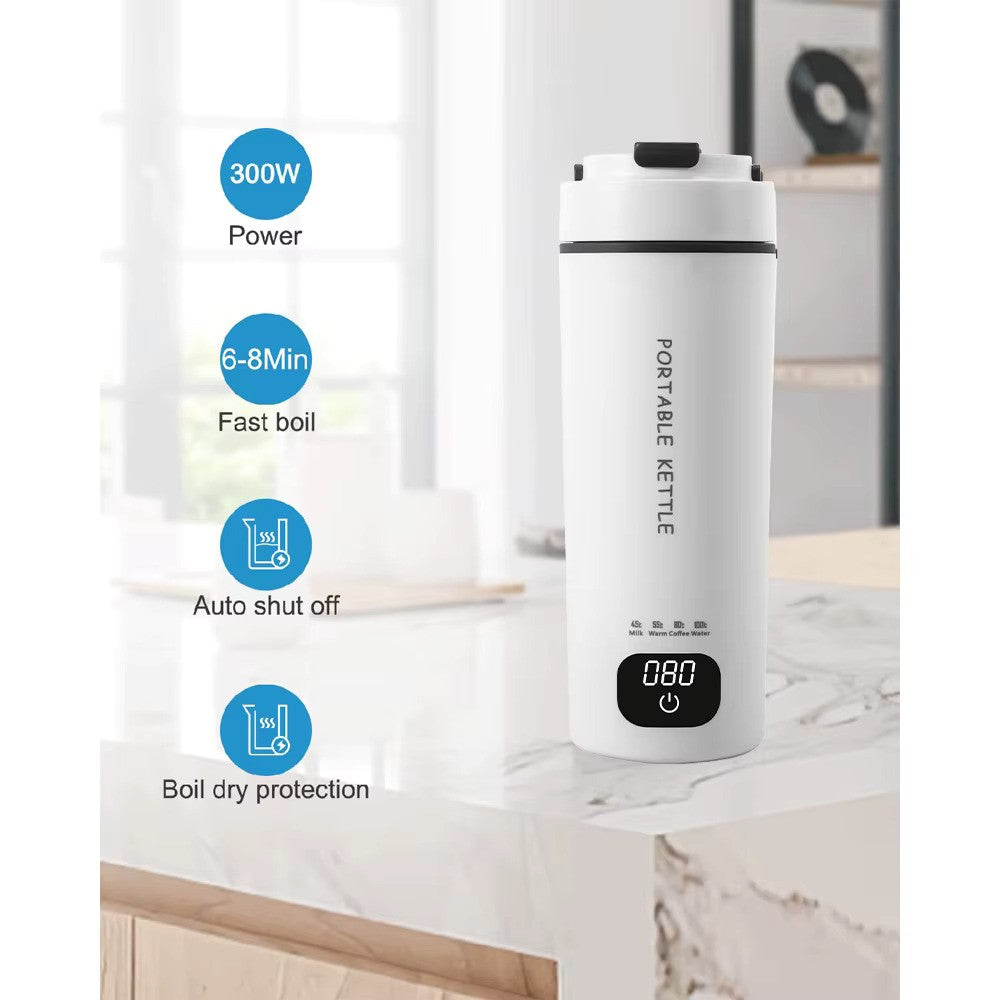 Digital Portable 450 mL Electric Water Bottle | Multiple Temperature Control | Biomaterial 304 Steel Grade | Travel Electric Water Kettle | AC-DC Power Supply | For Car/Travel/Indoor/Outdoor