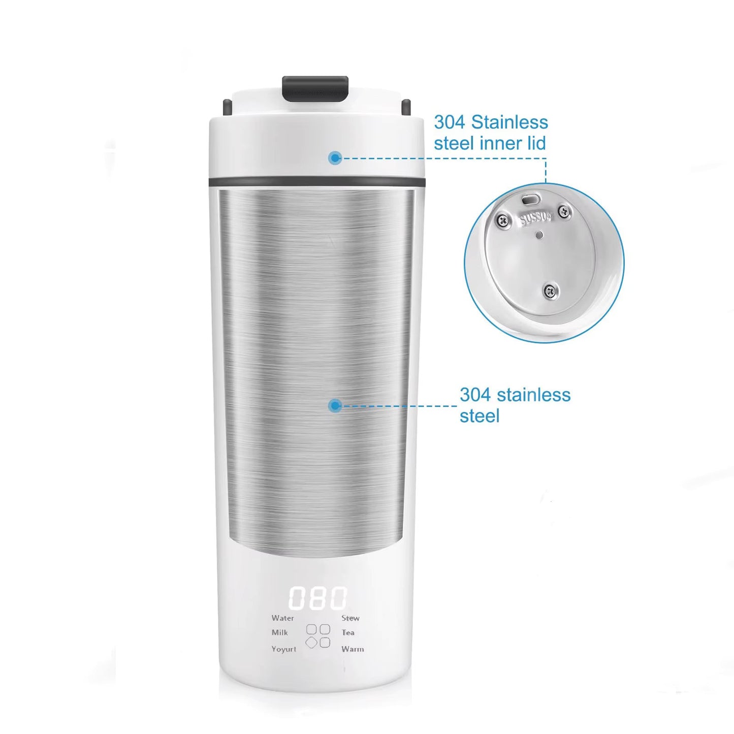 450 mL Portable Electric Water Bottle | Digital Multiple Temperature Control | Biomaterial 304 Steel Grade | Travel Electric Water Kettle | AC-DC Power Supply | For Car/Travel/Indoor/Outdoor