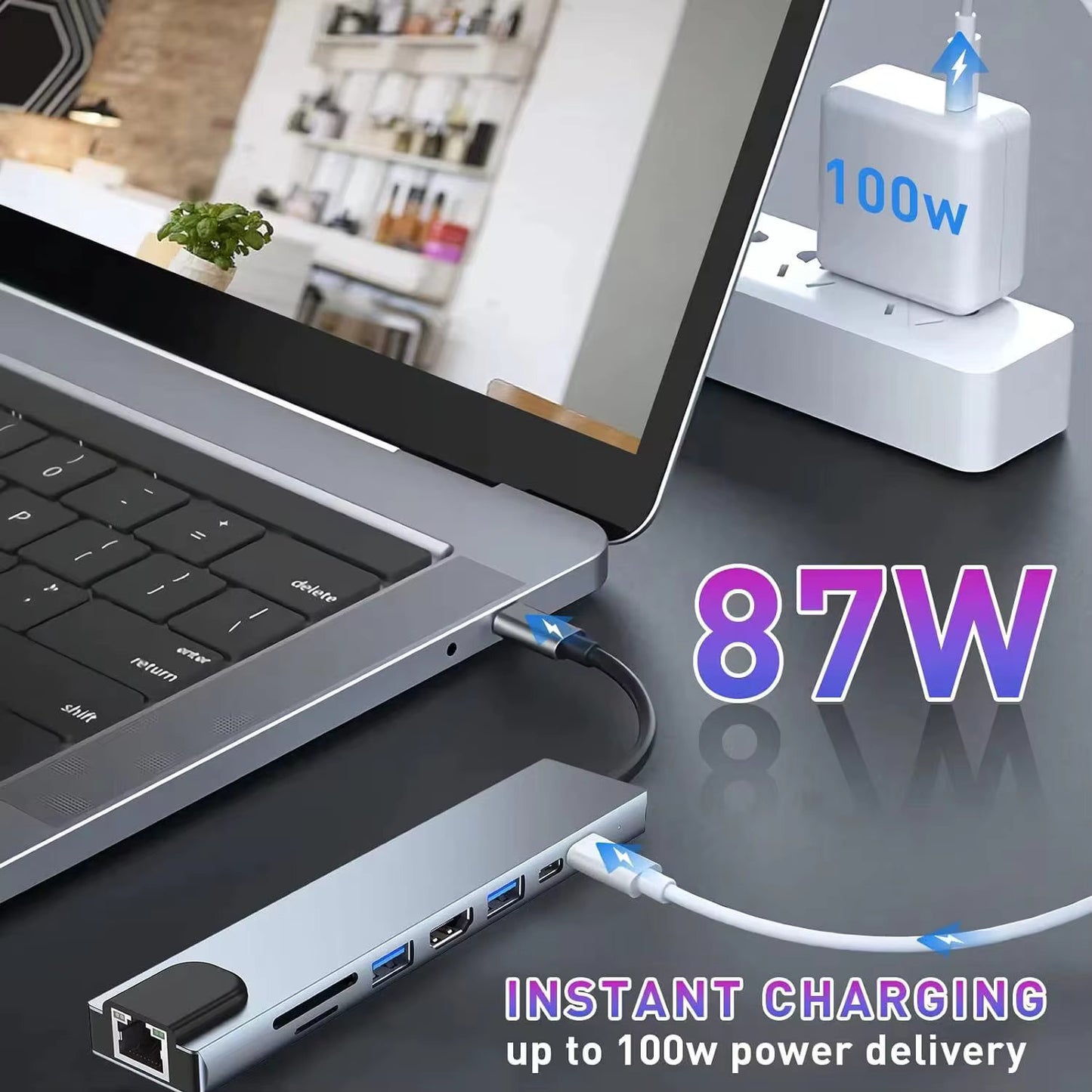 8-in-1 Type C Laptop Docking Station USB 3.00 RJ45 Network Adapter UHD 4K HDMI Micro SD TF OTG Adapter PD Charger