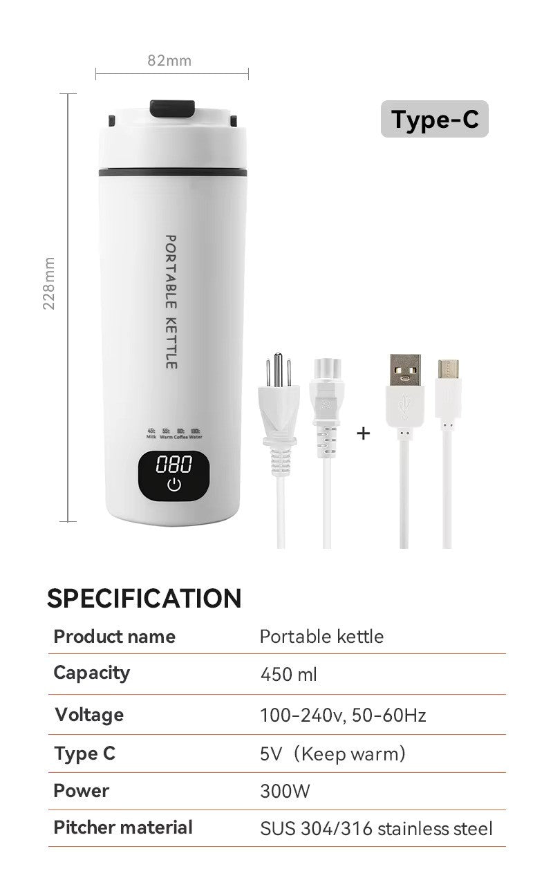 Digital Portable 450 mL Electric Water Bottle | Multiple Temperature Control | Biomaterial 304 Steel Grade | Travel Electric Water Kettle | AC-DC Power Supply | For Car/Travel/Indoor/Outdoor