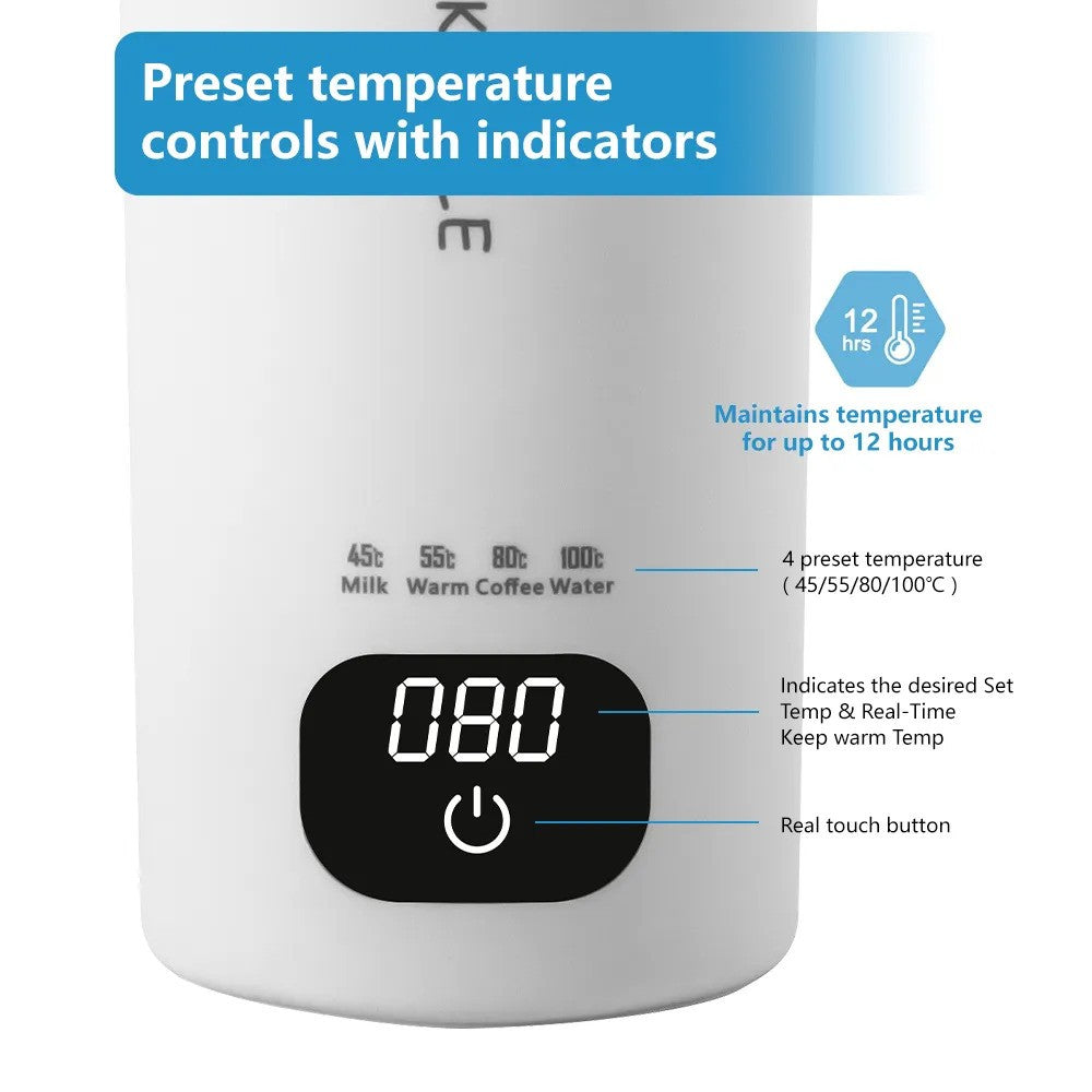 Digital Portable 450 mL Electric Water Bottle | Multiple Temperature Control | Biomaterial 304 Steel Grade | Travel Electric Water Kettle | AC-DC Power Supply | For Car/Travel/Indoor/Outdoor
