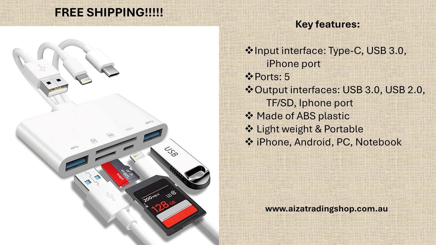 5-in-1 SD/TF Card Reader Adapter | Lightning to USB Memory Card Reader | Micro SD Card OTG Adapter | Camera Card Reader | For iPhone, iPad, Android