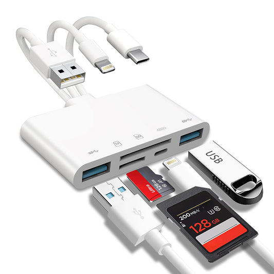5-in-1 SD/TF Card Reader Adapter | Lightning to USB Memory Card Reader | Micro SD Card OTG Adapter | Camera Card Reader | For iPhone, iPad, Android